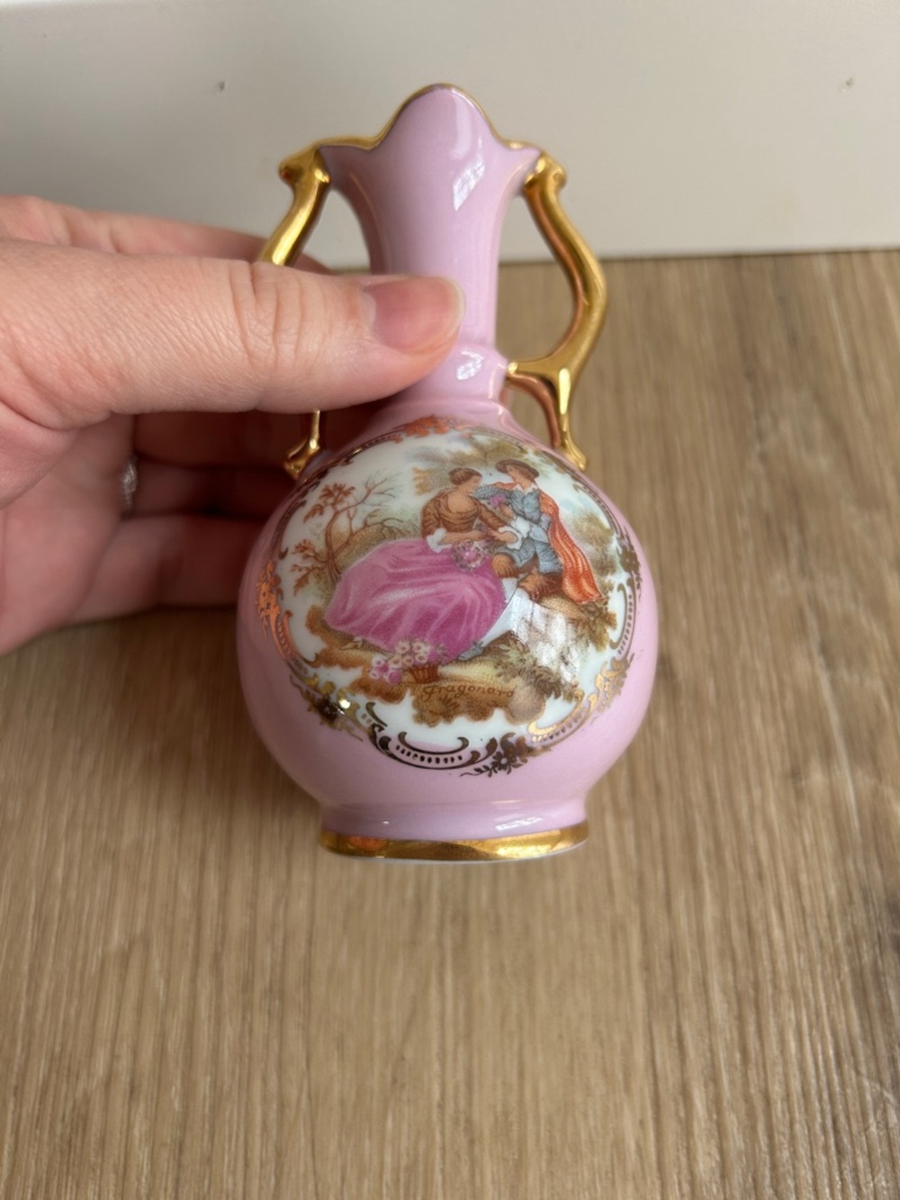 Limoges Pink Porcelain Double-Handled Vase with Gold Trim - Picture 3 of 13
